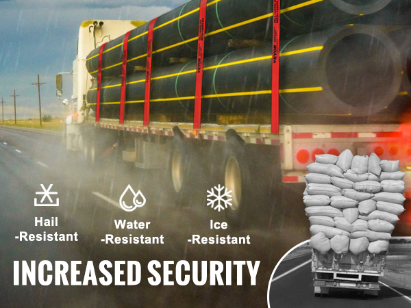 truck using VEVOR winch straps securing heavy cargo in rainy weather; water, ice, hail resistant.