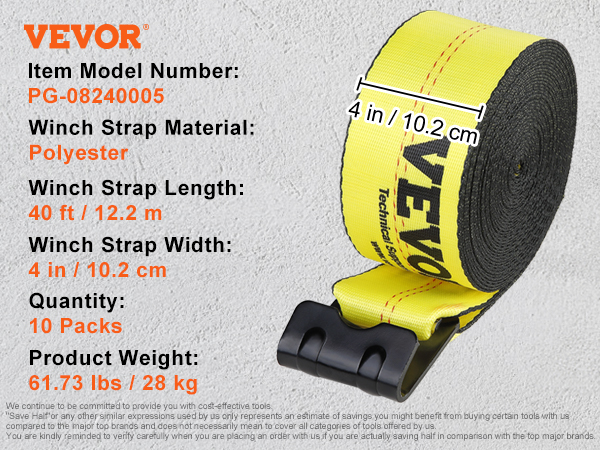 VEVOR winch straps, 40 ft, yellow polyester, 4-inch width, 18000 lbs break strength, pack of 10.