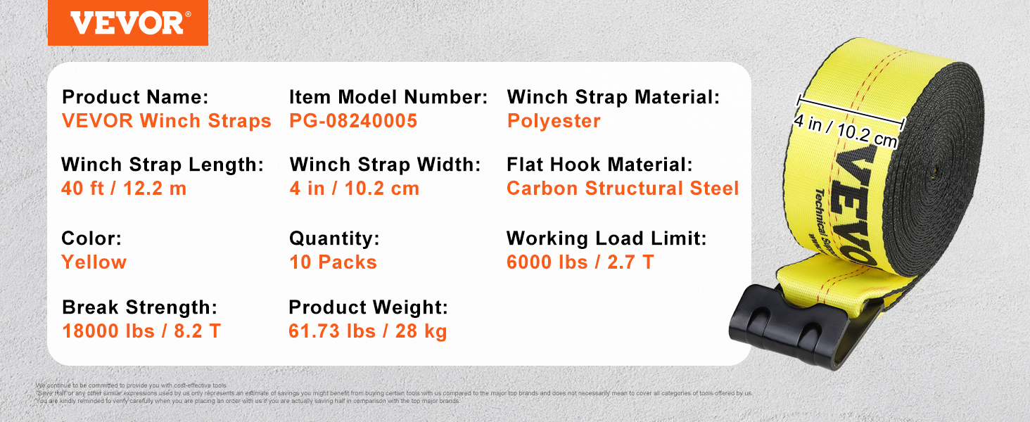 VEVOR winch straps, 40 ft, yellow polyester, 4-inch width, 18000 lbs break strength, pack of 10.