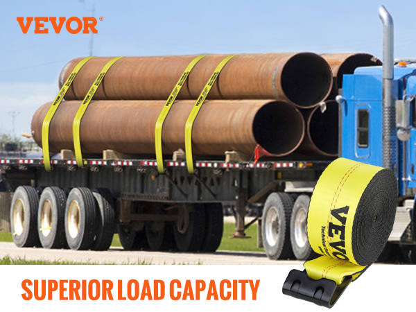 VEVOR winch straps securing large pipes on a truck, showcasing superior load capacity and durability.
