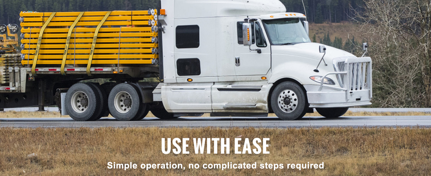 truck on road securing yellow poles with VEVOR winch straps, promoting simple operation.