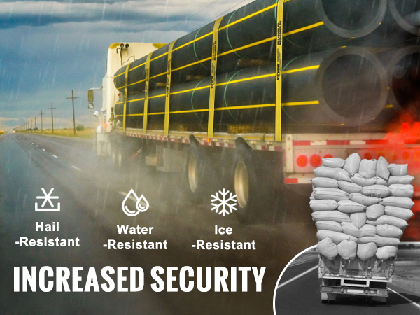 truck carrying pipes secured with VEVOR winch straps, emphasizing water, ice, and hail resistance.