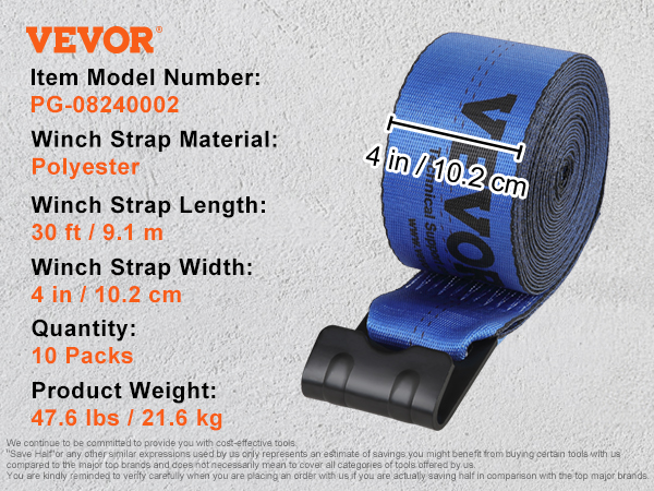 VEVOR winch straps: 30ft blue polyester strap, 4in width, 18000lbs break strength, carbon steel hook.