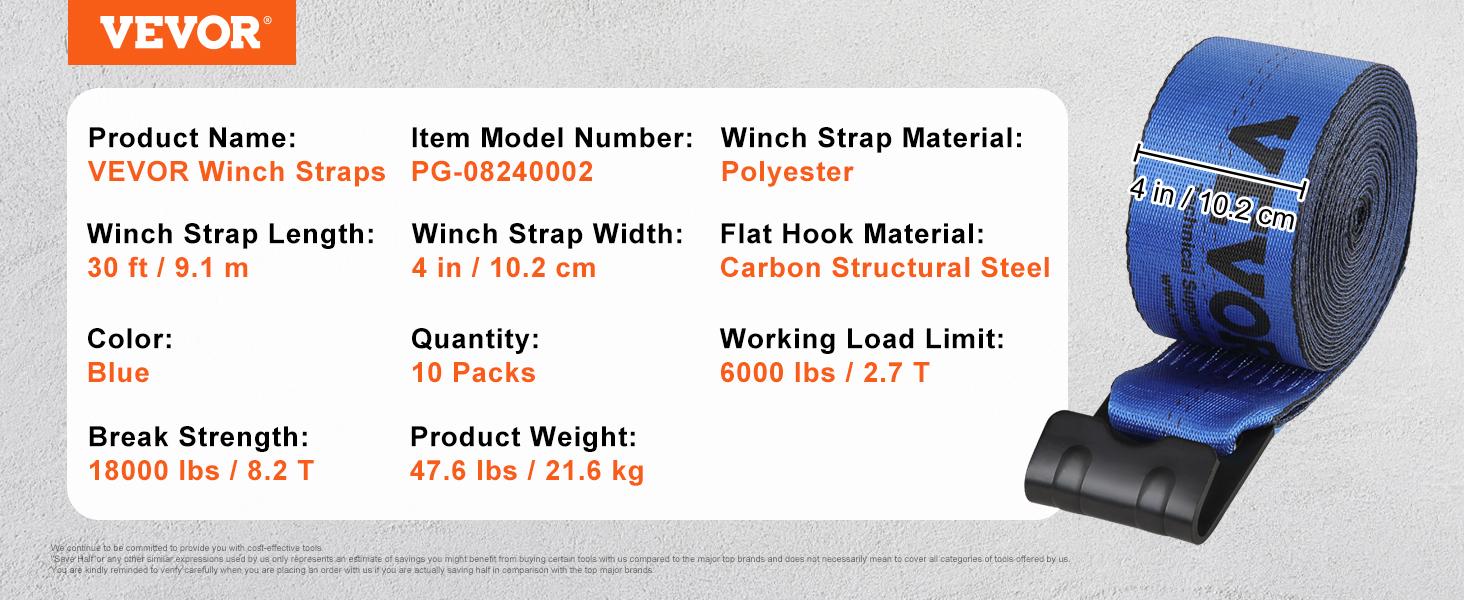 VEVOR winch straps: 30ft blue polyester strap, 4in width, 18000lbs break strength, carbon steel hook.