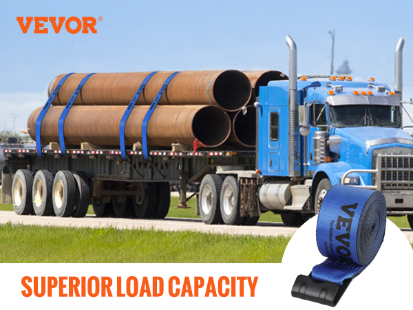 VEVOR winch straps securing large pipes on a blue truck, promoting superior load capacity.