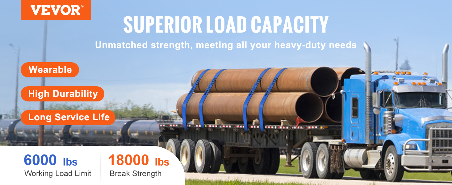 VEVOR winch straps securing large pipes on a blue truck, promoting superior load capacity.