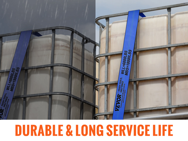VEVOR winch straps securing large containers, highlighting durability and long service life in rain.