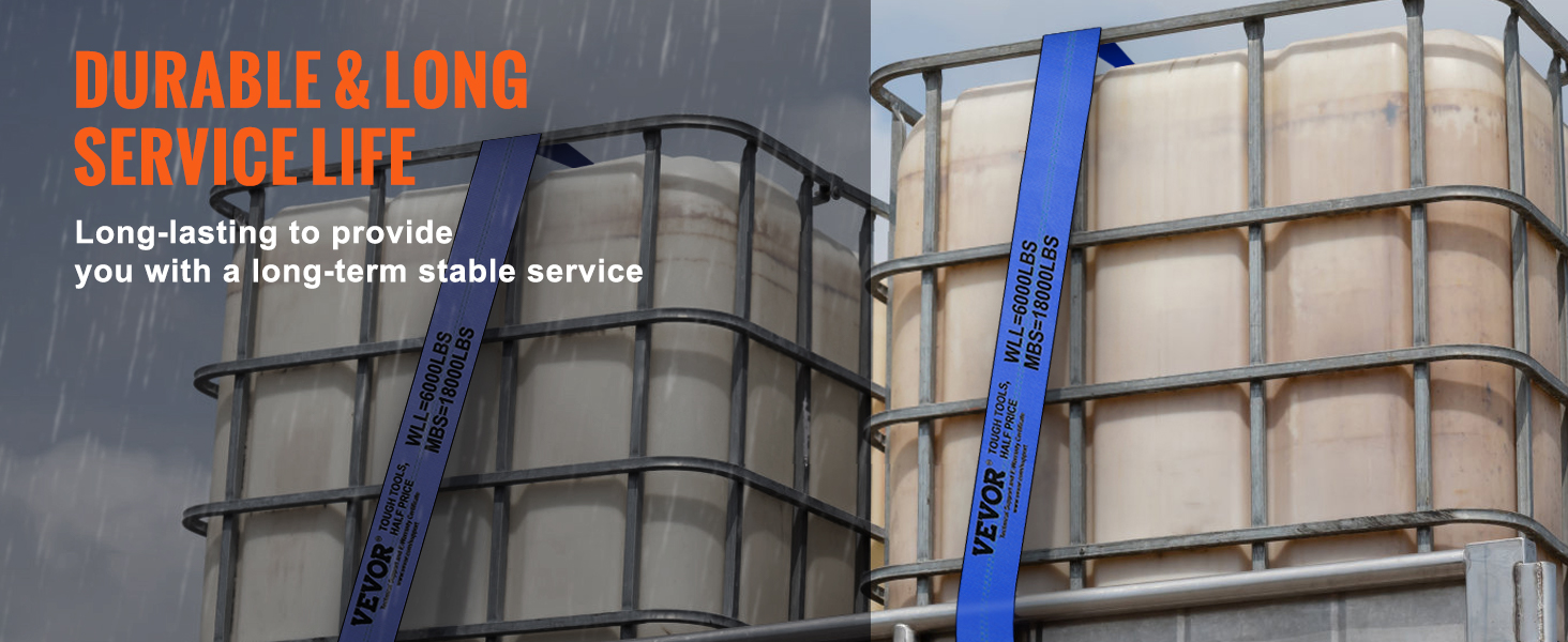VEVOR winch straps securing large containers, highlighting durability and long service life in rain.