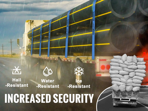 truck on a rainy highway secured with VEVOR winch straps; text highlights increased security features.