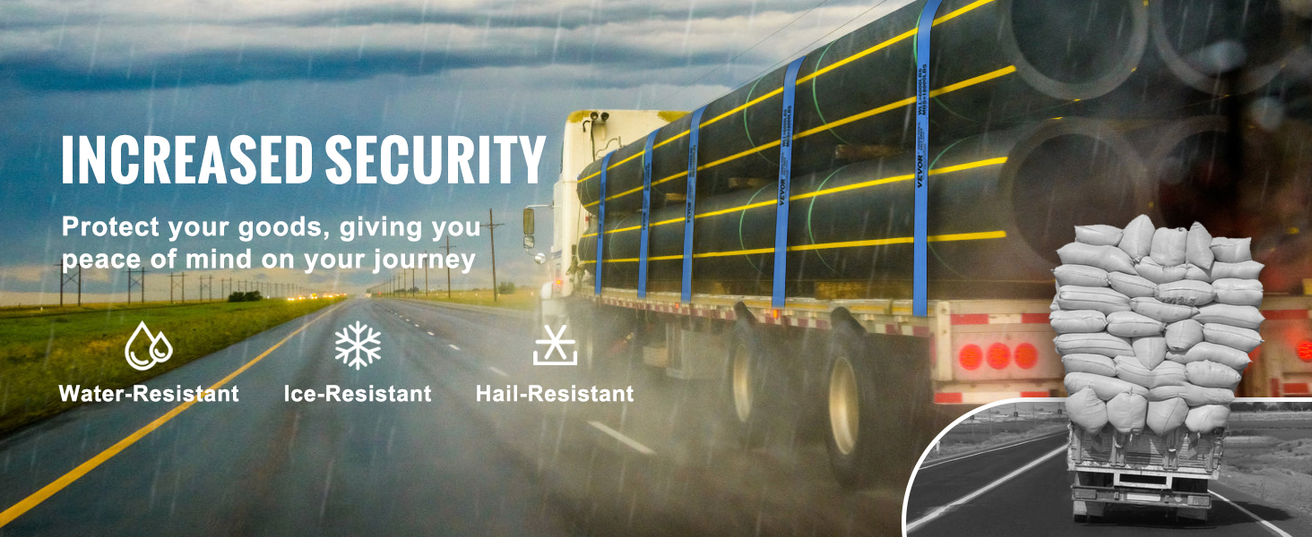 truck on a rainy highway secured with VEVOR winch straps; text highlights increased security features.
