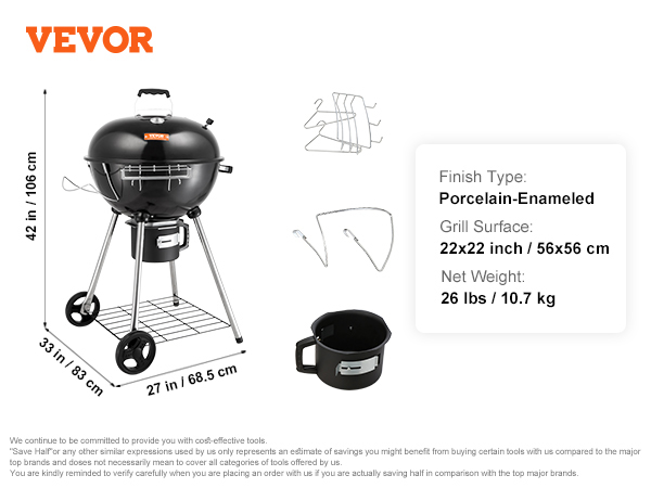 VEVOR kettle charcoal grill, 22x22 inch surface, 26 lbs, porcelain-enameled, dimensions 42x33x27 in.