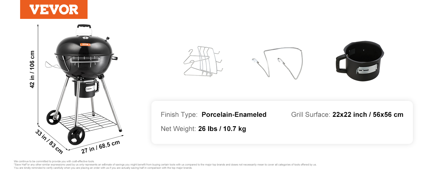 VEVOR kettle charcoal grill, 22x22 inch surface, 26 lbs, porcelain-enameled, dimensions 42x33x27 in.