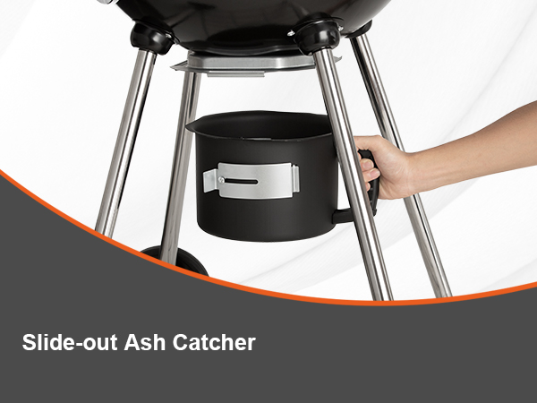 VEVOR kettle charcoal grill with slide-out ash catcher and sturdy metal legs for easy cleaning.