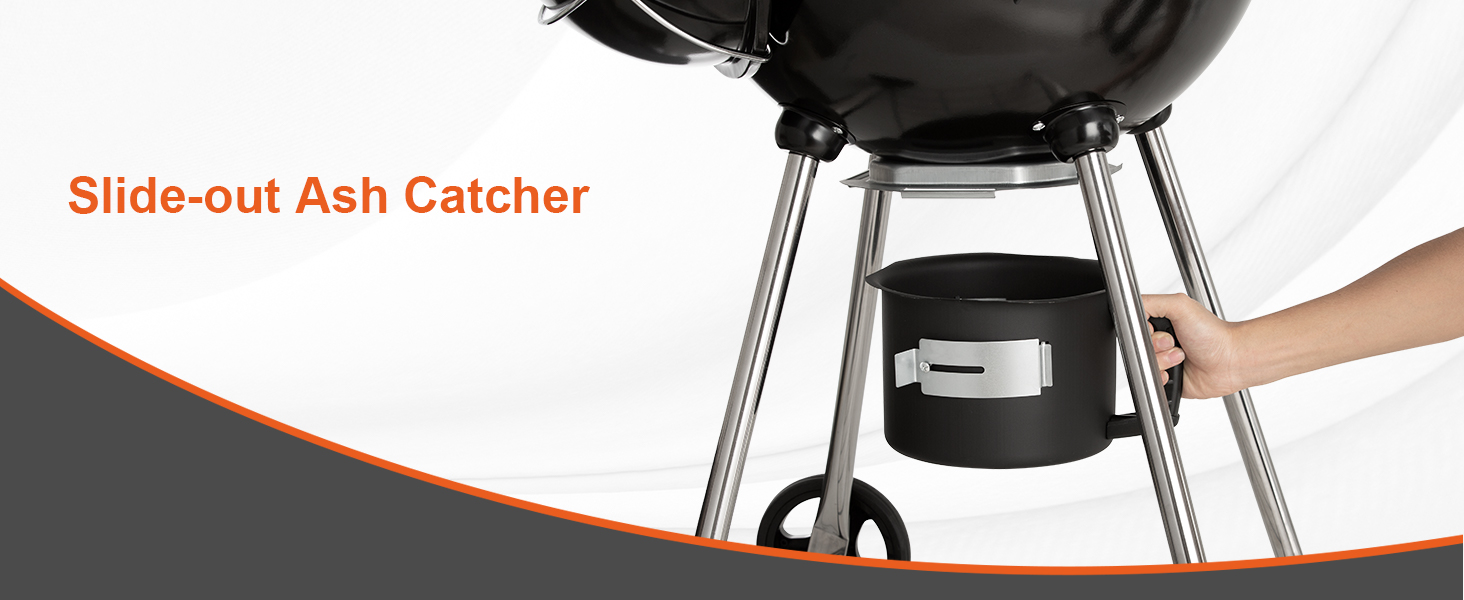 VEVOR kettle charcoal grill with slide-out ash catcher and sturdy metal legs for easy cleaning.