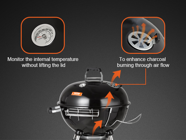 VEVOR kettle charcoal grill with thermometer and airflow control enhances burning efficiency.