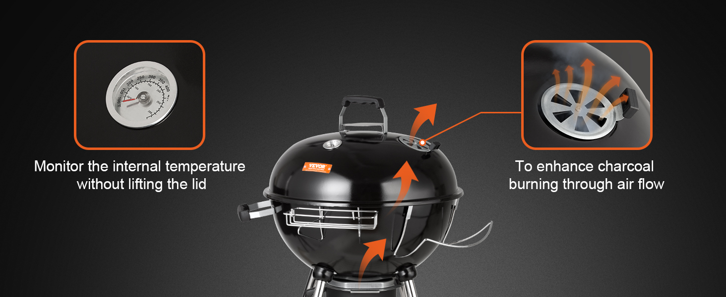 VEVOR kettle charcoal grill with thermometer and airflow control enhances burning efficiency.