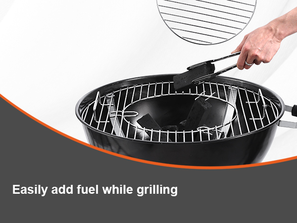 hands lifting grid from VEVOR kettle charcoal grill with text "easily add fuel while grilling".