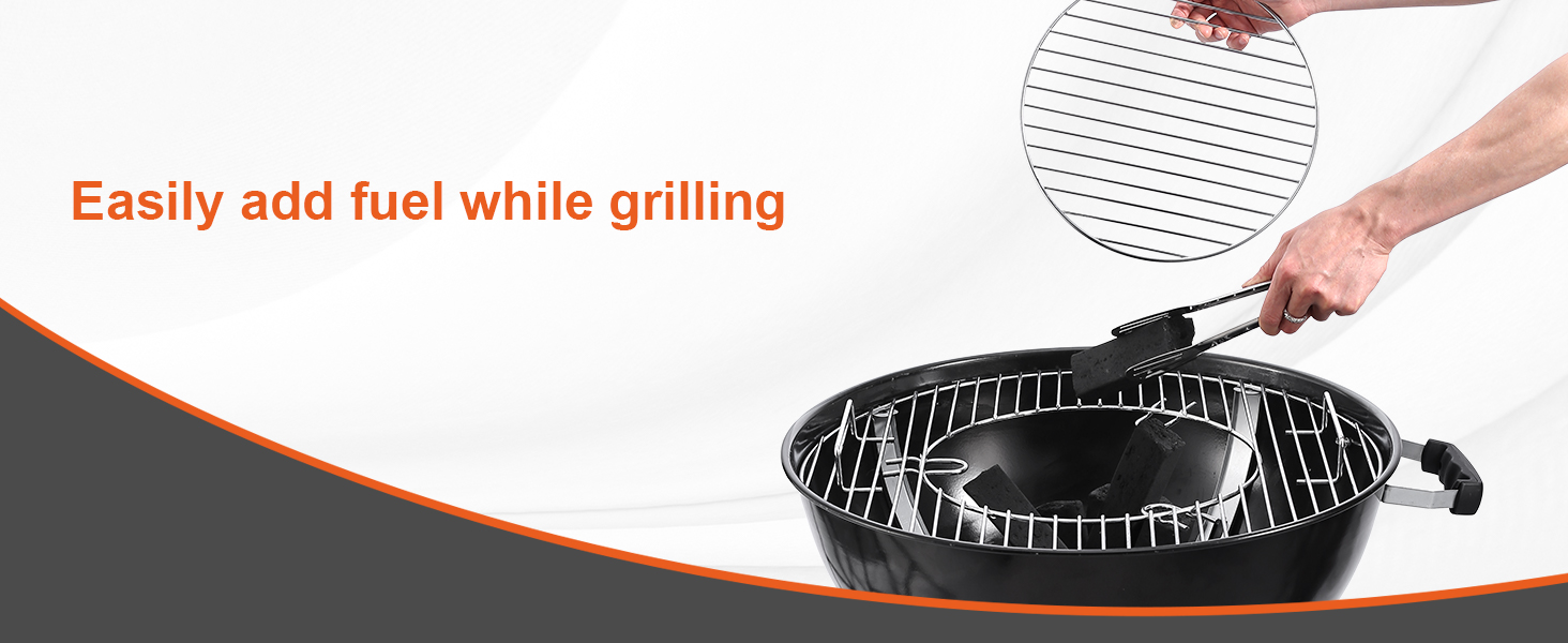 hands lifting grid from VEVOR kettle charcoal grill with text "easily add fuel while grilling".