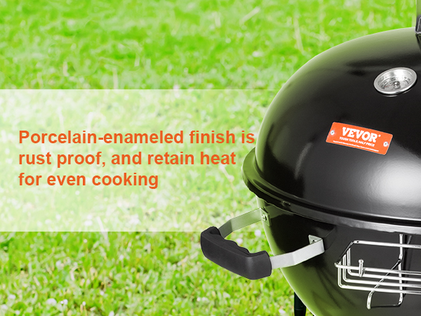 porcelain-enameled VEVOR kettle charcoal grill, rust-proof, retains heat for even cooking.