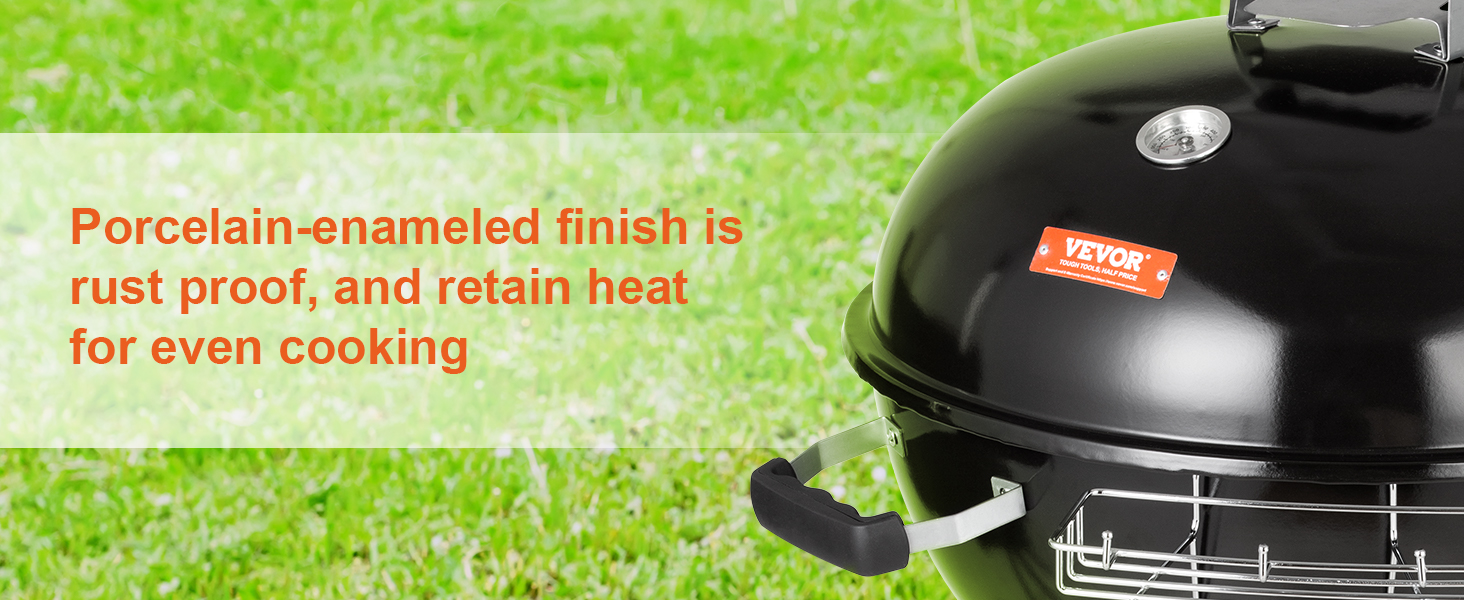 porcelain-enameled VEVOR kettle charcoal grill, rust-proof, retains heat for even cooking.
