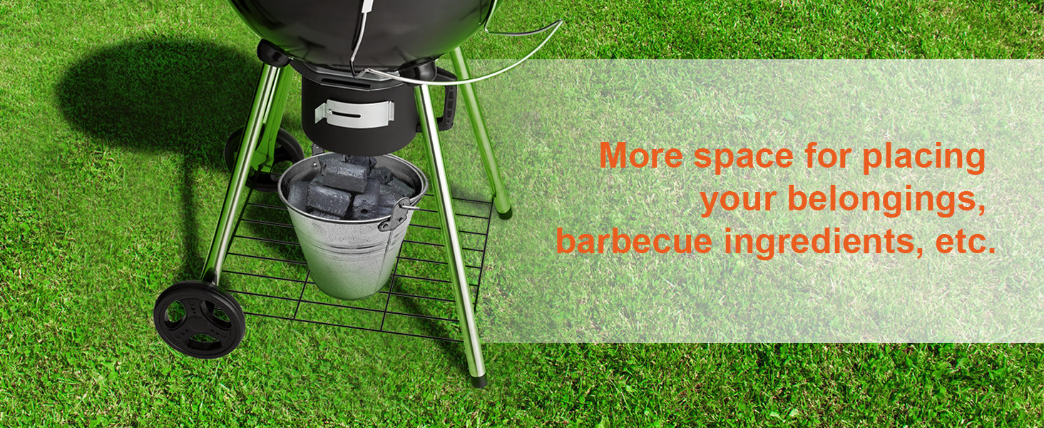 VEVOR kettle charcoal grill with storage space, bucket, and wheels on green grass background.