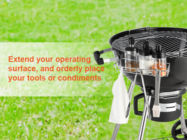 VEVOR kettle charcoal grill with tool rack and condiment holder on a grassy background.