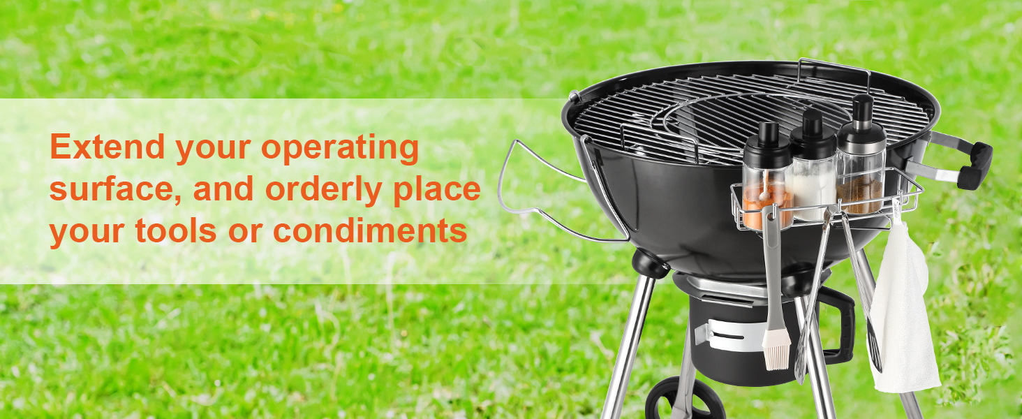 VEVOR kettle charcoal grill with tool rack and condiment holder on a grassy background.