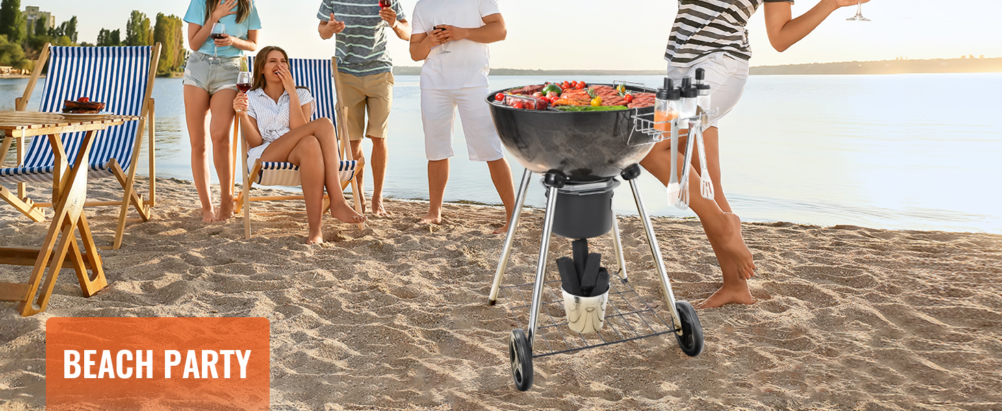 beach party with VEVOR kettle charcoal grill, featuring bbq food, and people enjoying by the sandy shore.