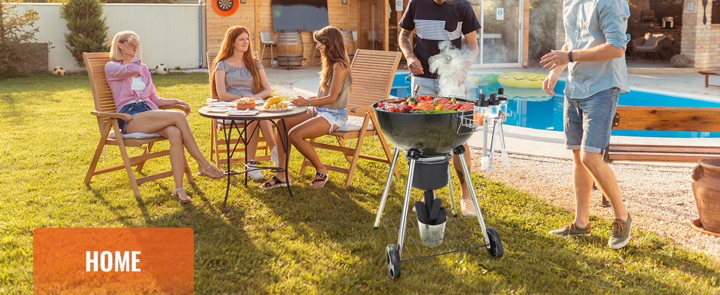 outdoor barbecue gathering with VEVOR kettle charcoal grill, friends, and poolside setting.
