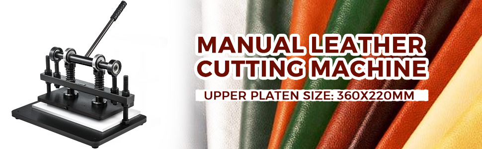VEVOR leather cutting machine with lever, platen size: 360x220mm, and colorful leather samples.