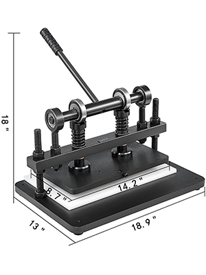VEVOR leather cutting machine with measurements in inches showcasing dimensions.
