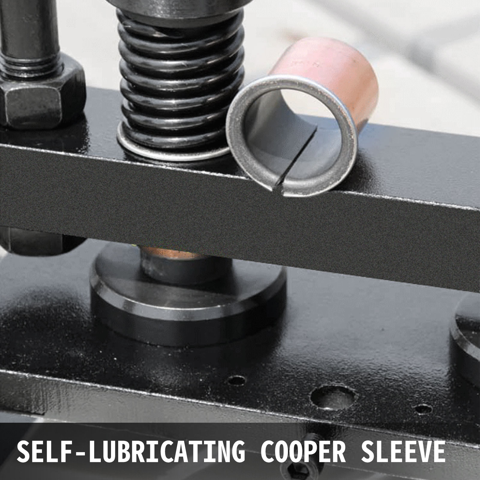 close-up of VEVOR leather cutting machine with self-lubricating copper sleeve.