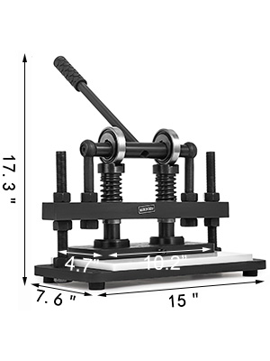 VEVOR leather cutting machine with ergonomic lever and dimensions in inches.