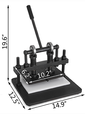 VEVOR ādas griešanas mašīnas izmēri: 19,6 "x14,9 "x12,5" ar 10,2 "x6,2" plāksni.