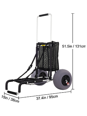VEVOR beach cart with large wheels, black mesh bag, and handle. dimensions: 15in x 37.4in x 51.5in.