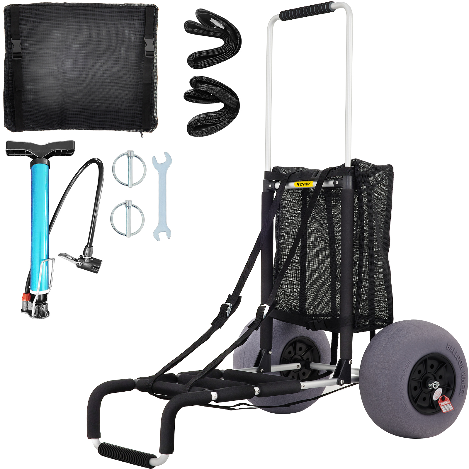 VEVOR beach cart with inflatable wheels, mesh storage bag, pump, and assembly tools included.