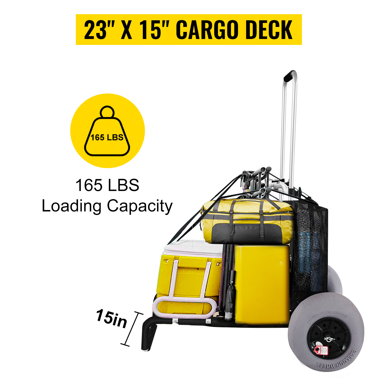 VEVOR beach cart with 23" x 15" cargo deck, large wheels, and 165 lbs loading capacity.