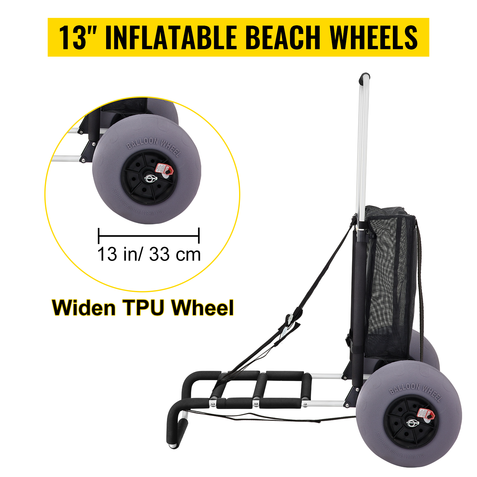 VEVOR beach cart with 13" inflatable wheels and widen tpu wheel, ideal for sand and beach terrains.