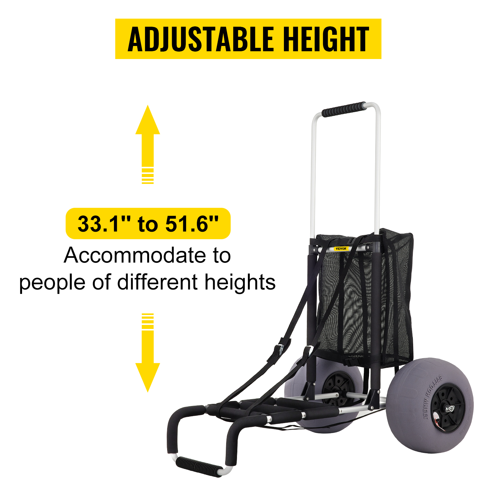 VEVOR beach cart with adjustable height from 33.1" to 51.6", ideal for various user heights.