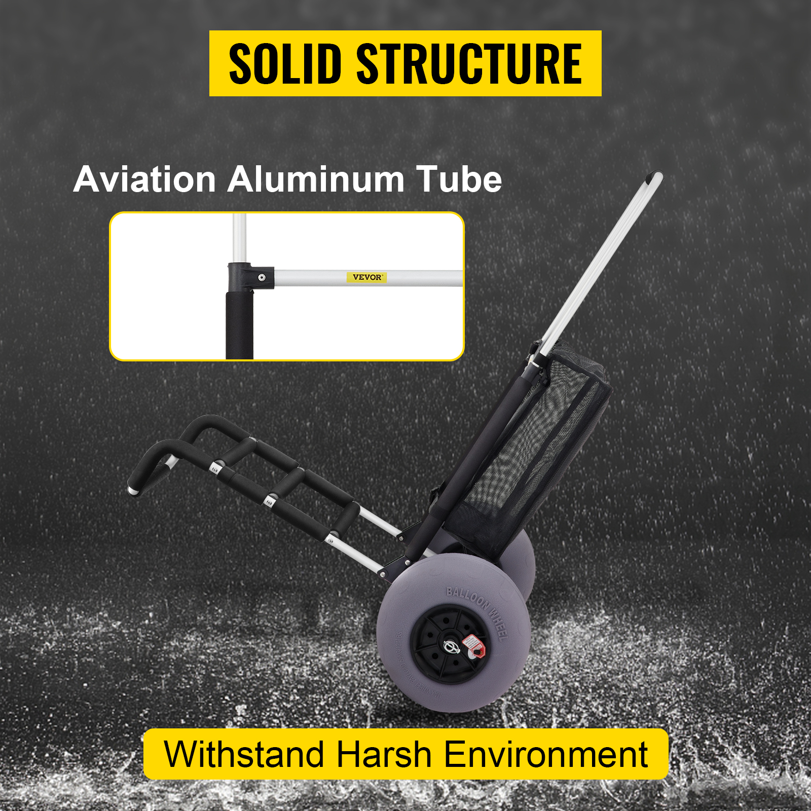 VEVOR beach cart with aviation aluminum tube, solid structure, and durable wheels for harsh environments.