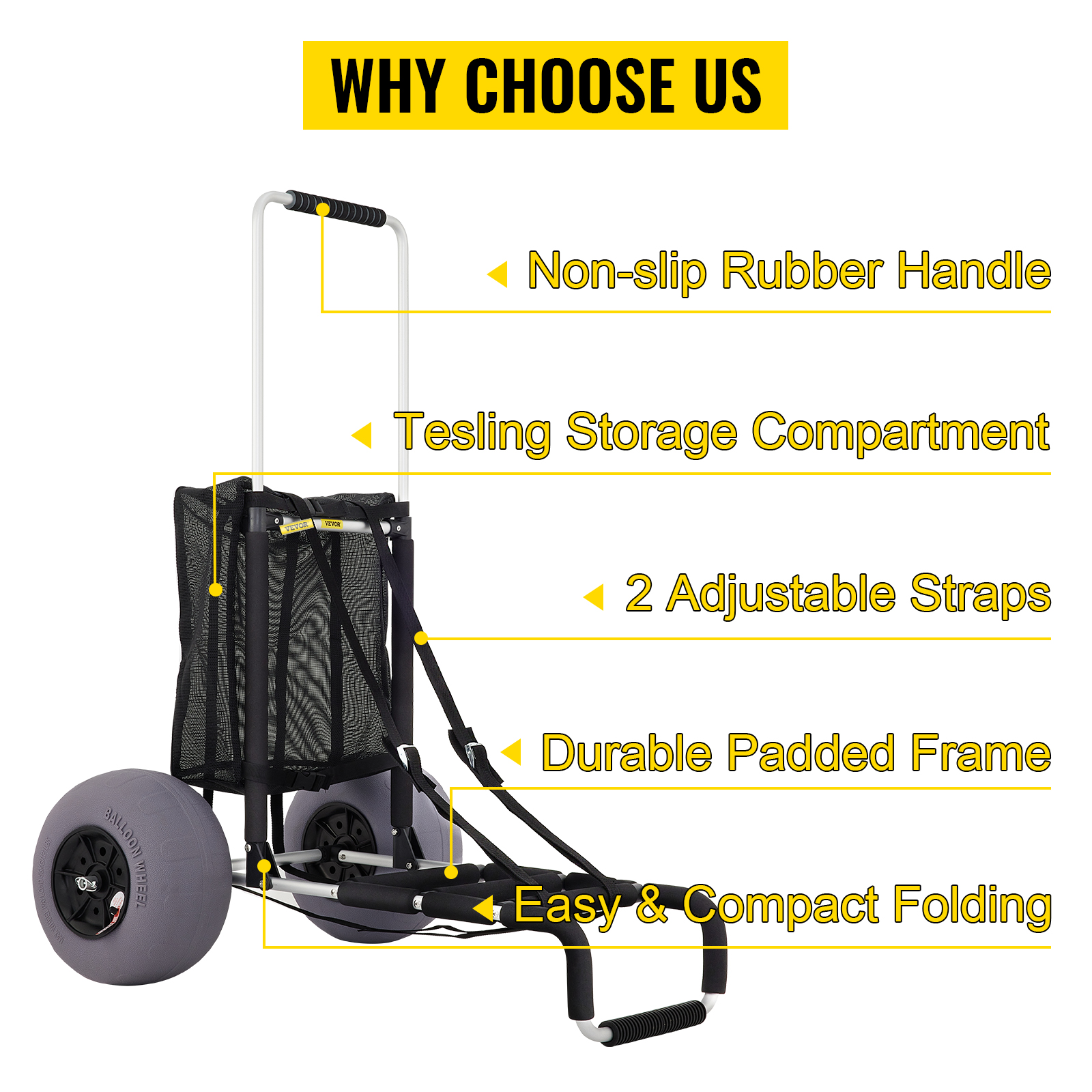VEVOR beach cart with non-slip rubber handle, storage compartment, adjustable straps, and durable frame.