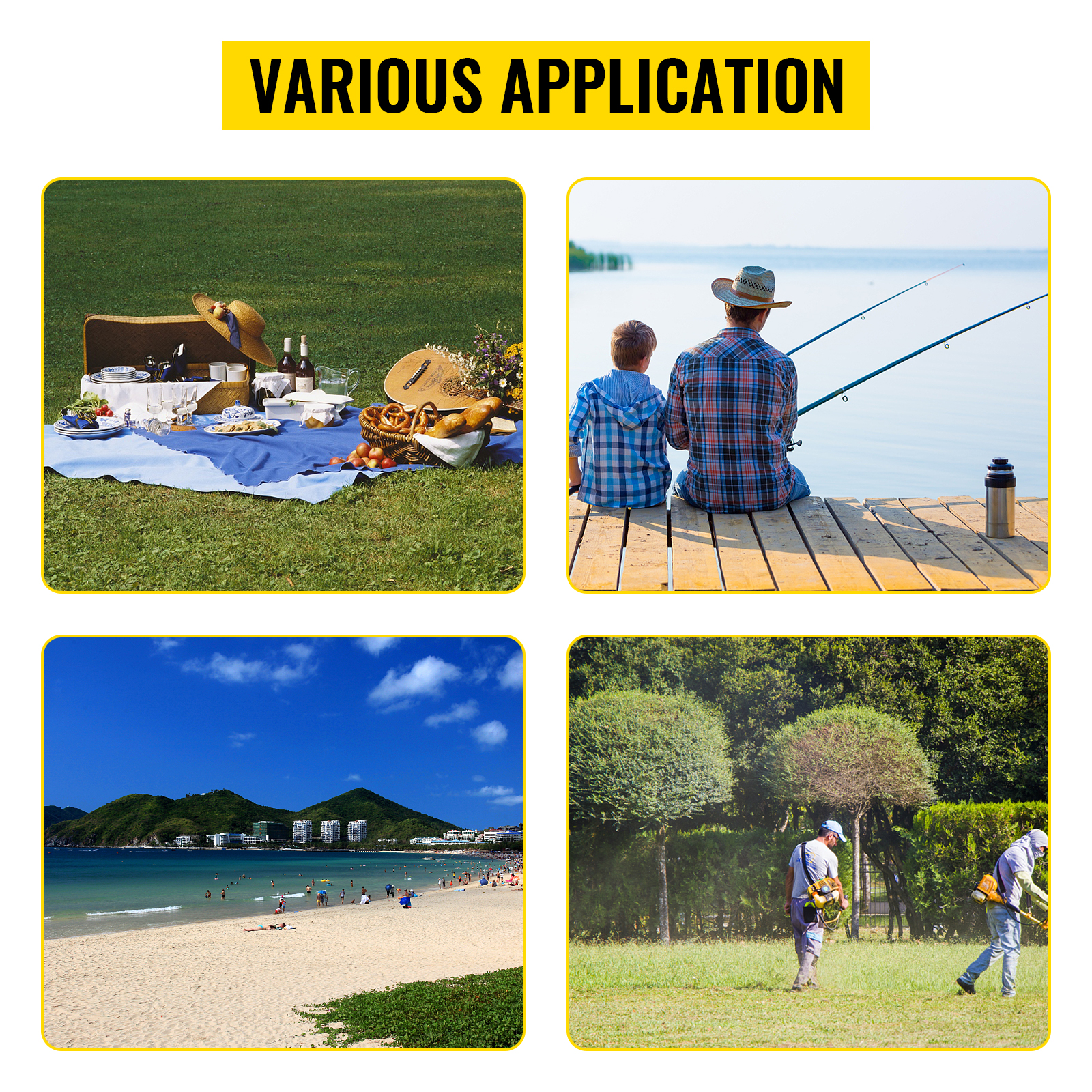 various activities: picnic on grass, fishing on dock, beach scene, and gardeners working. VEVOR beach cart.
