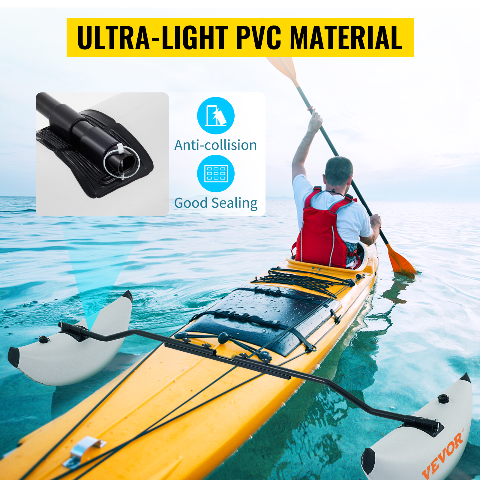 kayaker using VEVOR kayak stabilizers with ultra-light pvc material for stability and anti-collision benefits.