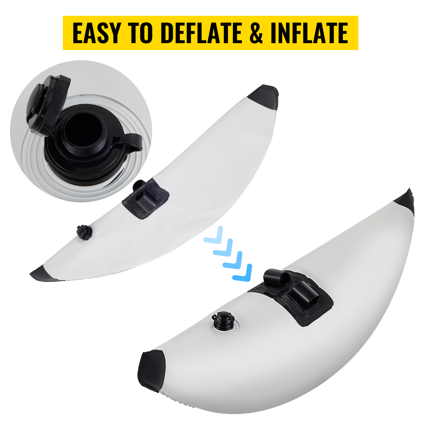 VEVOR kayak stabilizers easy to deflate and inflate, showing valve details and lightweight design.