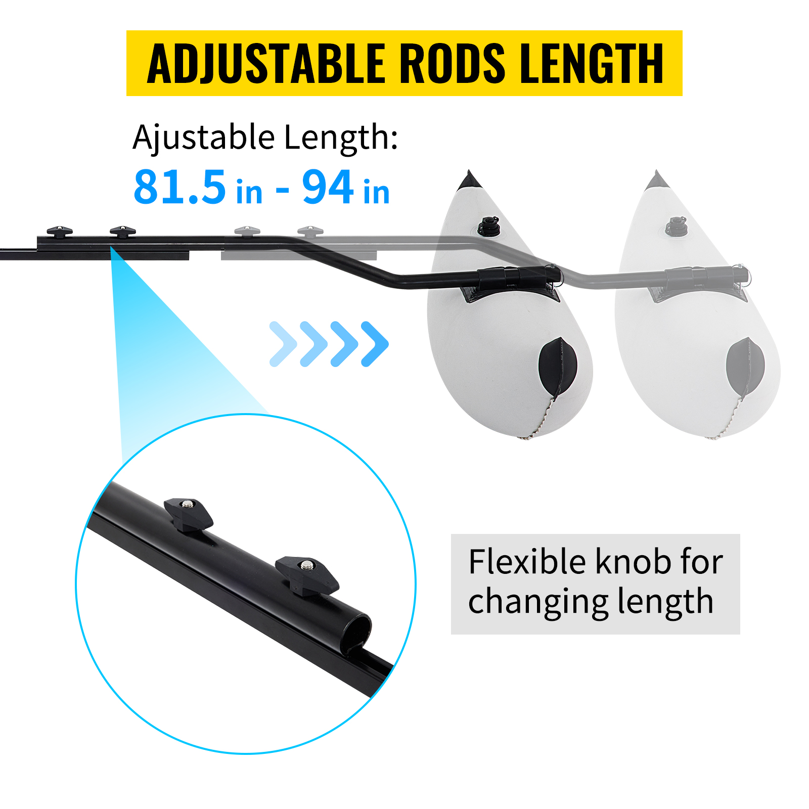 adjustable VEVOR kayak stabilizers with flexible knob, length range 81.5-94 inches.