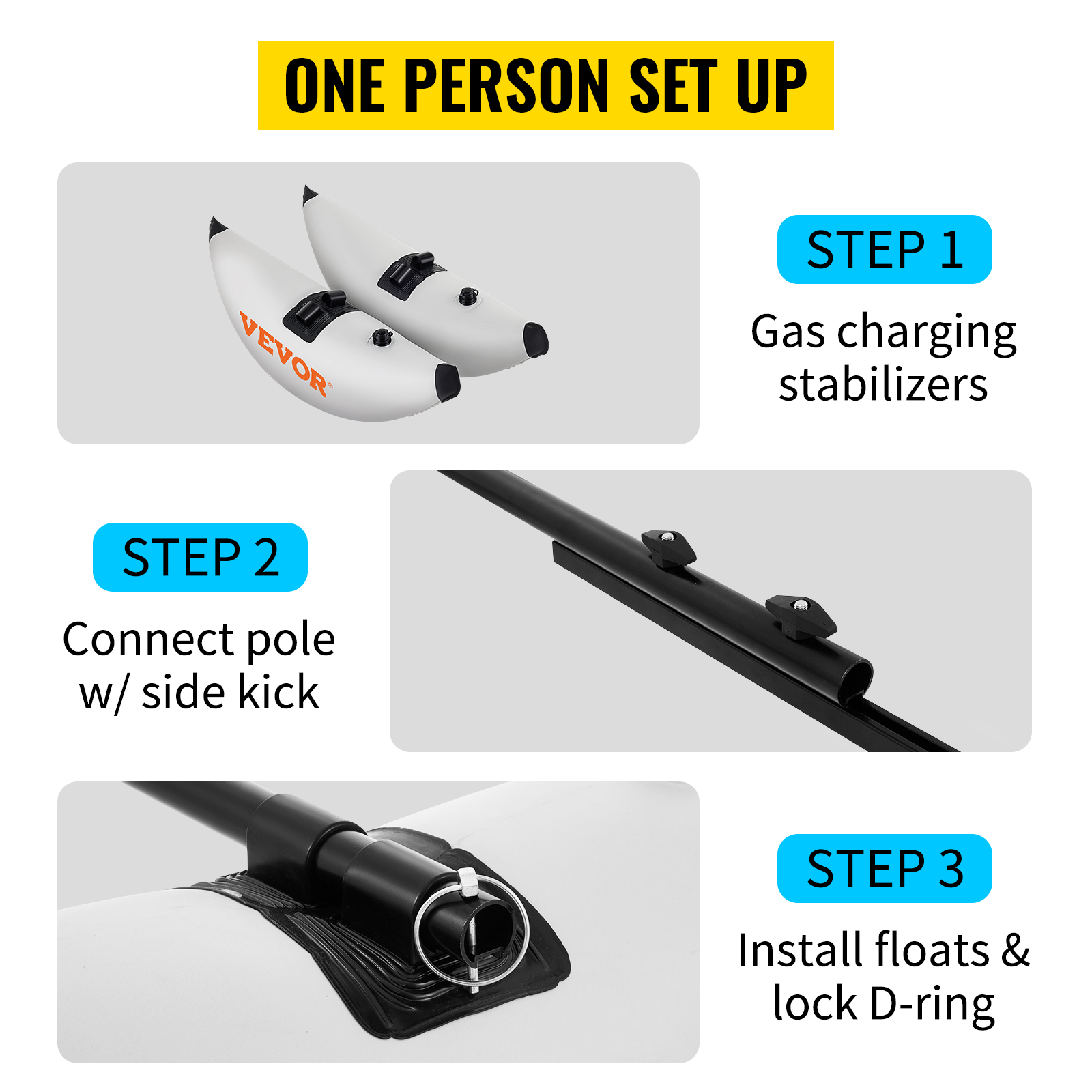 one person setup guide for VEVOR kayak stabilizers: gas charging, connect pole, install floats and lock.