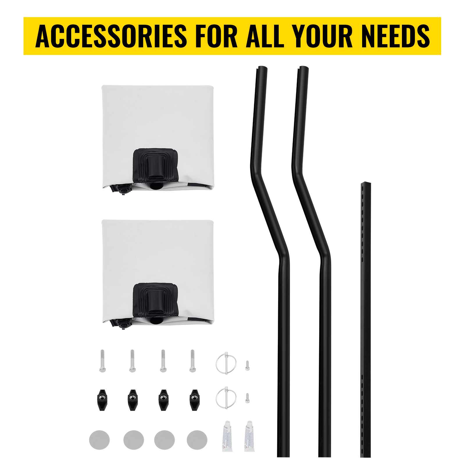 VEVOR kayak stabilizers kit with mounting accessories, black rods, screws, and white floats.
