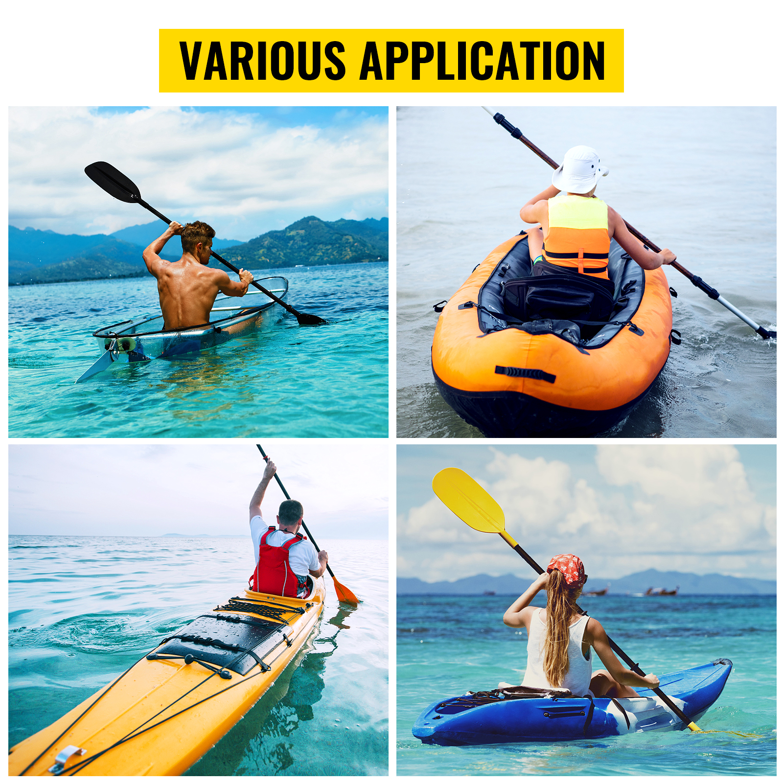 various types of kayaks on water, demonstrating usage with VEVOR kayak stabilizers for enhanced stability.