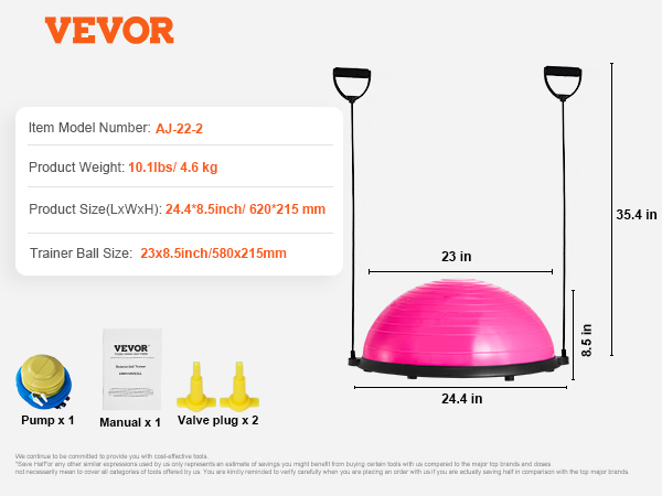 VEVOR balance ball trainer with handles, pump, manual, and valve plugs; pink half-dome trainer dimensions.