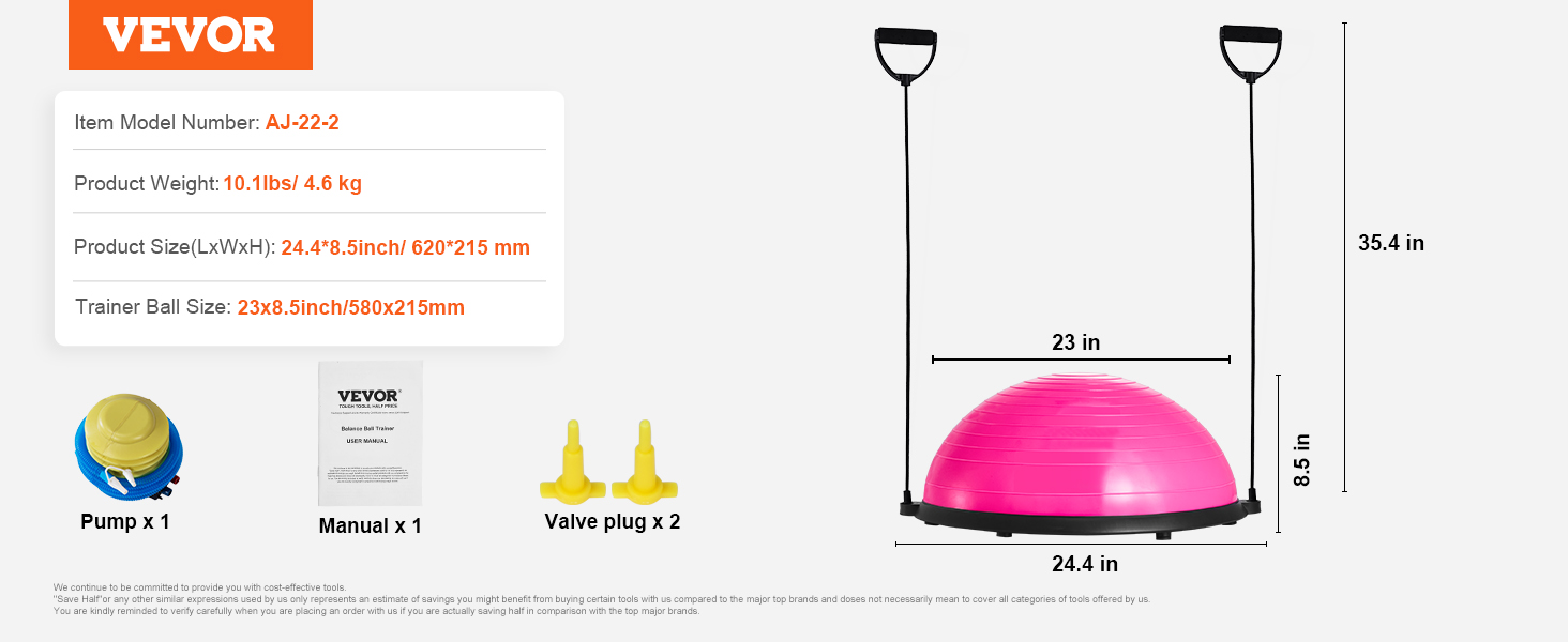 VEVOR balance ball trainer with handles, pump, manual, and valve plugs; pink half-dome trainer dimensions.